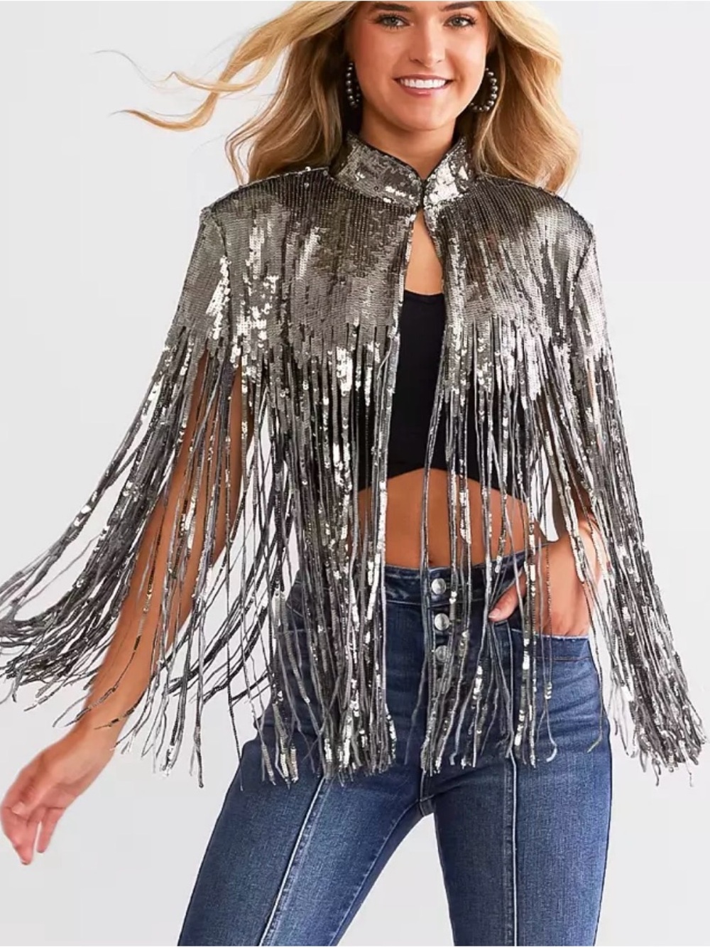 Silver Sequin Fringe Capelet